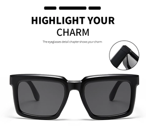 Détail macro de la charnière robuste sur des lunettes de soleil carrées noires surdimensionnées