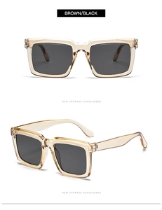 Détails de lunettes de soleil carrées marron champagne avec verres foncés et monture fine