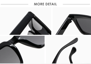 Détails des charnières métalliques et des plaquettes de nez de ces lunettes de soleil noires