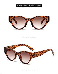 Dettaglio occhiali da sole cat-eye con montatura leopardata e lenti marroni sfumate
