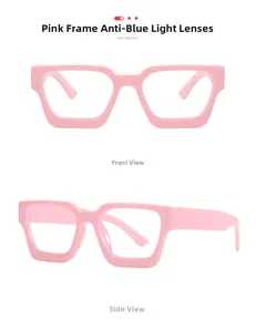 Detaillierte Vorder- und Seitenansicht der rosa quadratischen Blaulichtfilter-Brille