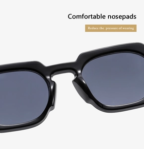 Detail of comfortable integrated nose pads on black irregular sunglasses frame