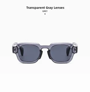 Detail of square transparent grey sunglasses with silver rivets and grey lenses