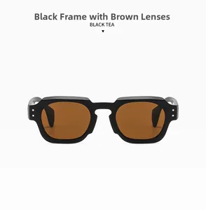 Detail of matte sand black sunglasses frame with silver rivets and black tea lenses