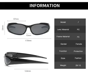 Tableau des tailles et spécifications détaillées pour lunettes de soleil Y2K futuristes