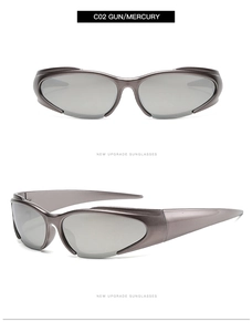 Vue détaillée des lunettes de soleil de cyclisme futuristes gunmetal avec verres miroirs