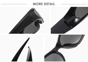 Détails de charnière et plaquettes de nez intégrées sur lunettes de soleil noires Y2K