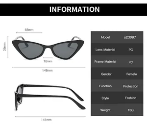 Detailed size chart for retro cat eye sunglasses showing frame width and lens height