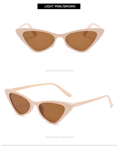 Front and side view of light pink cat-eye sunglasses with brown lenses and a retro design