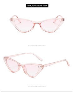 Detailed front and side views of pink cat eye sunglasses with gradient lenses