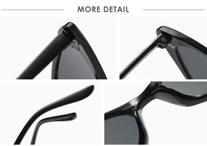 Detailed close-up of cat-eye sunglasses featuring metal hinges and ergonomic nose pads