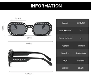Detailed size guide for small frame rhinestone sunglasses showing precise frame dimensions