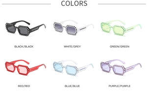 Matrix display of six colorful hexagon rhinestone sunglasses with studded frame details