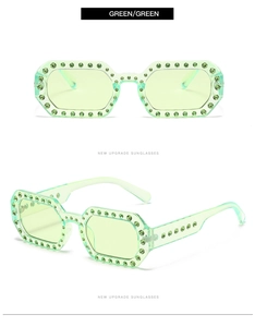 Detailed view of green jelly sunglasses with sparkling rhinestones on the octagon frames