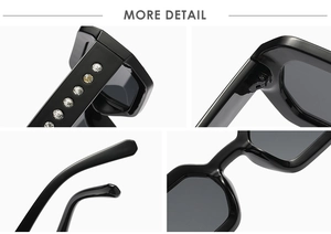 Detailed views of black square sunglasses with rhinestone temple accents and metal hinges