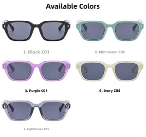 Cinq lunettes de soleil carrées rétro en noir, vert, violet, ivoire et couleur thé