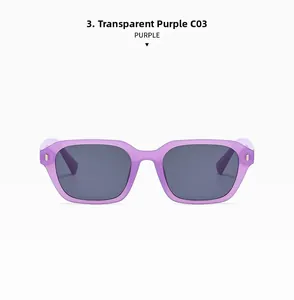 Détail de lunettes de soleil vintage rectangulaires avec monture violette mate et rivets