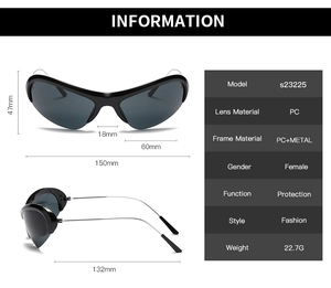 Detailed size chart for Y2K half-frame sunglasses with specific frame dimensions