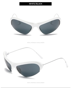 Detailed front and side views of Y2K futuristic wrap sunglasses in white and black