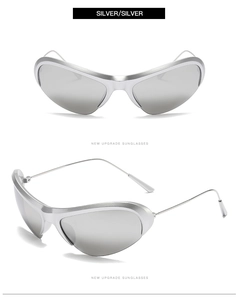 Detail view of silver semi-rimless futuristic Y2K sunglasses with streamlined frame