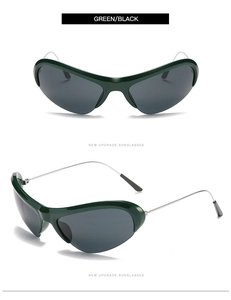 Detail view of Y2K futuristic green semi-rimless sunglasses with dark gray lenses