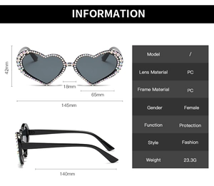 Detailed size specifications and dimensions chart for heart-shaped rhinestone sunglasses