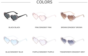 Detailed view of heart-shaped sunglasses in six colors with sparkling crystal rhinestones