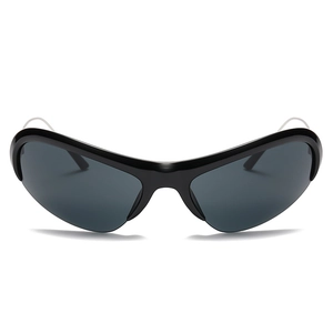 Y2K futuristic semi-rimless wrap sunglasses with glossy black frame and dark lenses