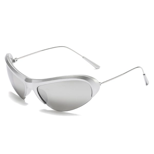 Y2K futuristic semi-rimless sunglasses in matte silver with a streamlined wrap design