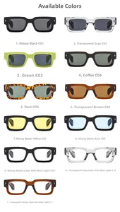 Matrix display of rectangle sunglasses in various colors with anti-blue light lenses
