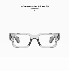 Detail view of transparent grey square frames with anti-blue light clear lenses
