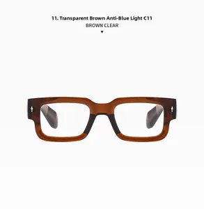 Detail view of square thick-frame sunglasses in brown clear finish with rivet accents
