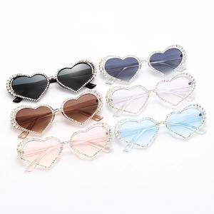 Set of six heart shaped sunglasses with rhinestones in black grey brown pink blue