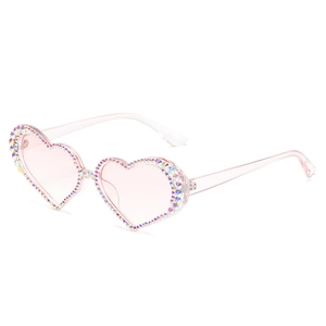 Pink heart-shaped sunglasses with sparkling AB rhinestones and light pink lenses