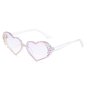 Fashion heart shaped sunglasses with rhinestones and transparent frame for women