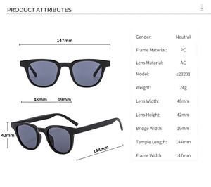 Detailed size chart and technical specifications for square PC sunglasses style S23201
