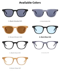 Detailed view of square sunglasses collection with multiple color frames and tinted lenses