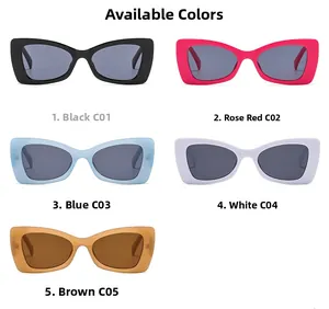 Vertical display of trendy cat eye sunglasses in five vibrant jelly colors