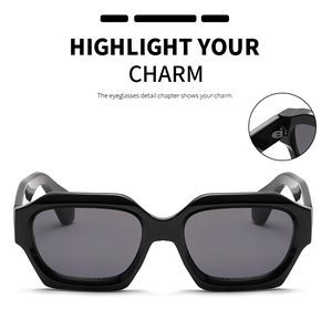 Detail showing the sturdy metal hinge and glossy thick frame of these polygon sunglasses