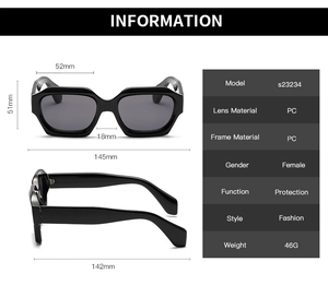Detailed size specifications for women black geometric PC frame sunglasses s23234
