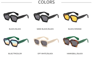 Detailed view of thick hexagonal sunglasses frames in six various color combinations