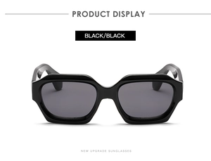 Detail view of stylish thick black geometric sunglasses with polished finish