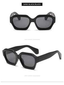 Front and side view of sand black geometric thick frame sunglasses with dark grey lenses