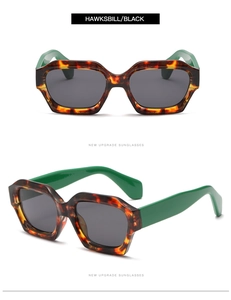 Detail of oversized polygon sunglasses with tortoiseshell frame and green temples