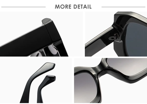 Detailed views of black square sunglasses showing sturdy hinges and smooth nose pads