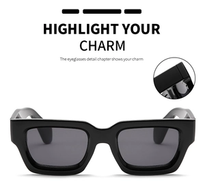 Detail of high-gloss thick frames and reinforced metal hinges on black square sunglasses