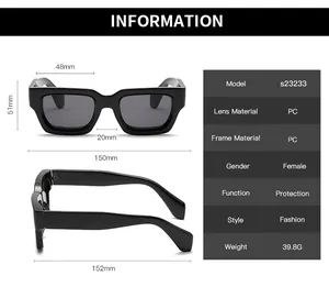 Detailed sizing chart with measurements for retro square thick frame sunglasses