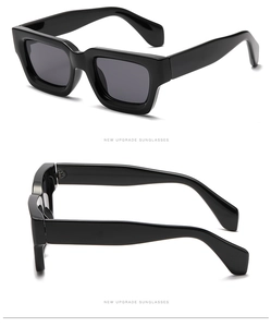 Detailed views of vintage thick square sunglasses with wide temples and dark gray lenses