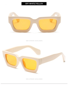 Detail of retro thick off-white frame sunglasses with yellow lenses from two angles