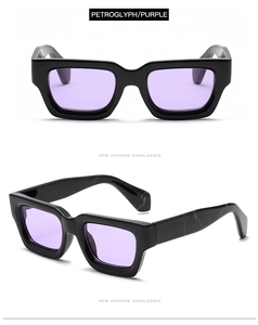 Detail of retro thick black frame sunglasses with purple lenses and side view